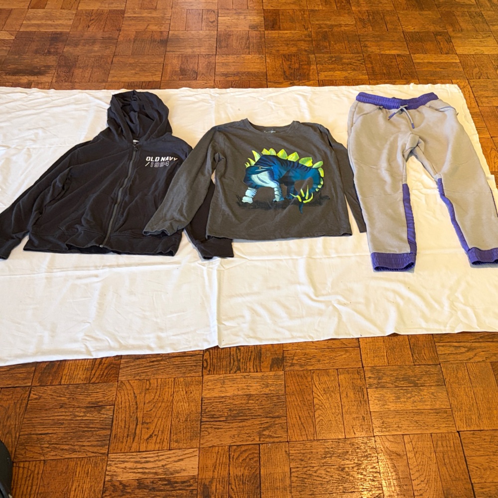 Boys Medium (8)- Black Hoodie, Gray Dino Shirt and Gray/Purple Sweatpants